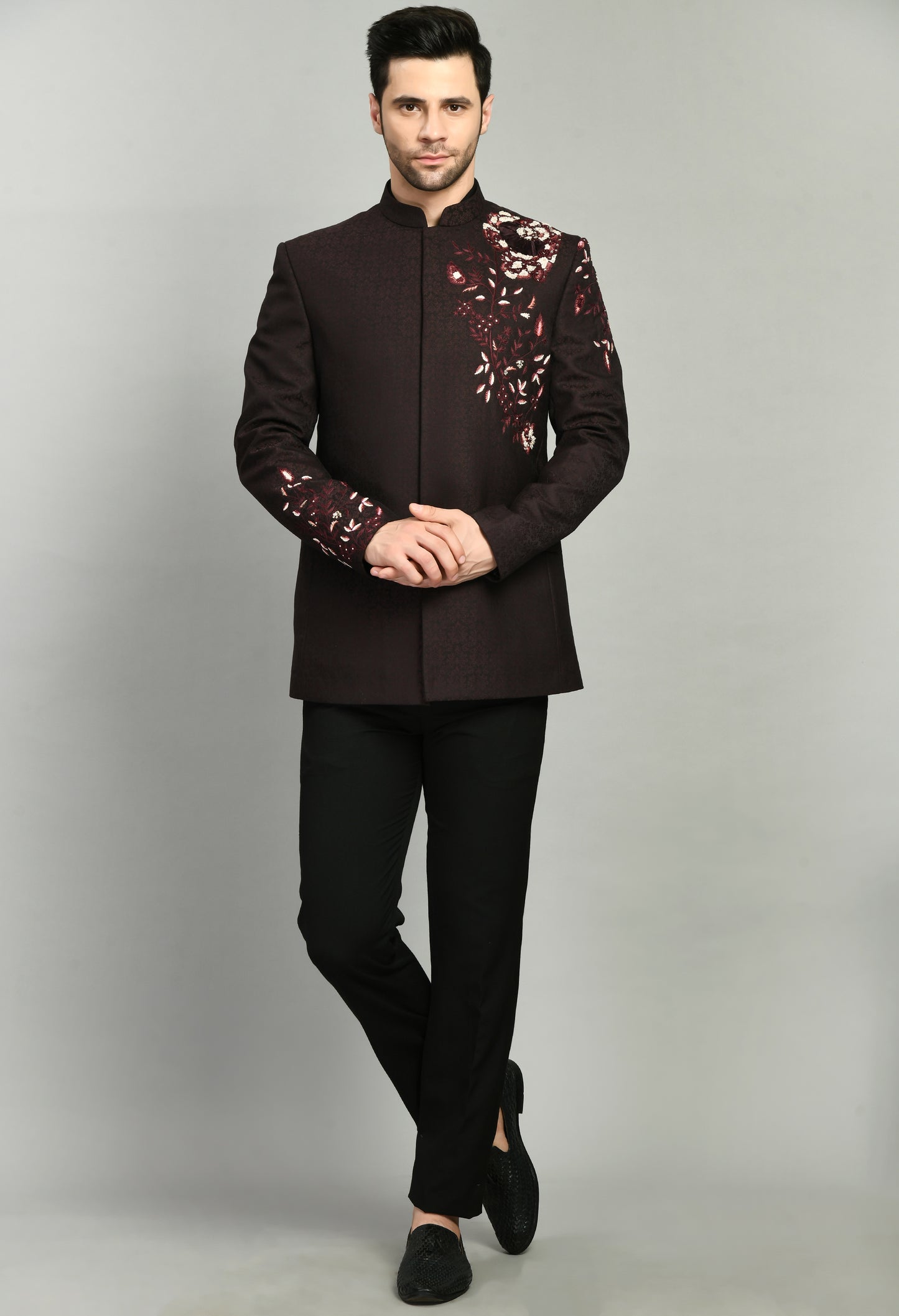 Side view - Men’s Bandhgala – Jaquard Suiting in Wine with Shoulder Embroidery