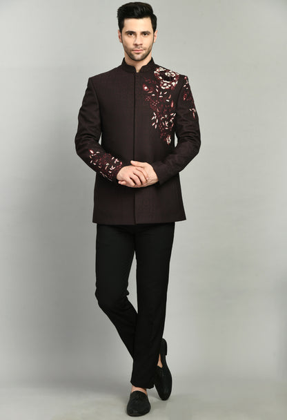 Men’s Bandhgala – Jaquard Suiting in Wine with Shoulder Embroidery | One Man Show