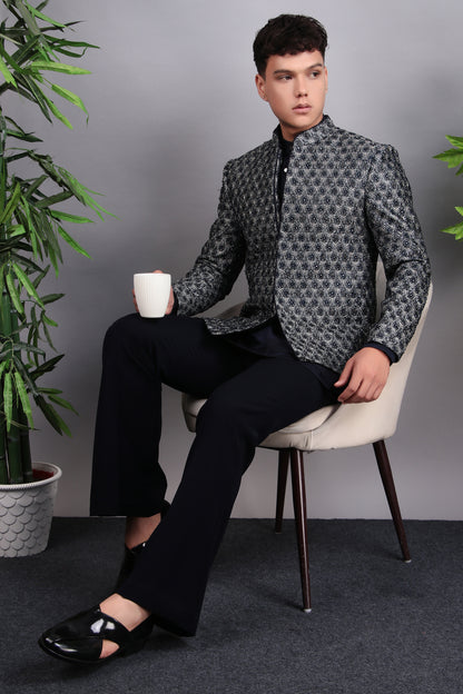Men’s Indo-Western – Silk Embroidered Fabric in Blue with Floral Hand Embroidery | One Man Show