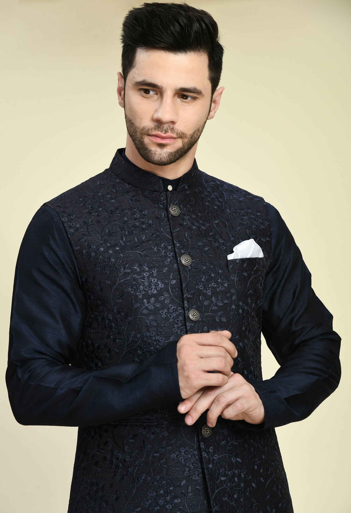 Detail view 3 - Men’s Nehru Jacket – Silk in Blue with Silk Thread Embroidery