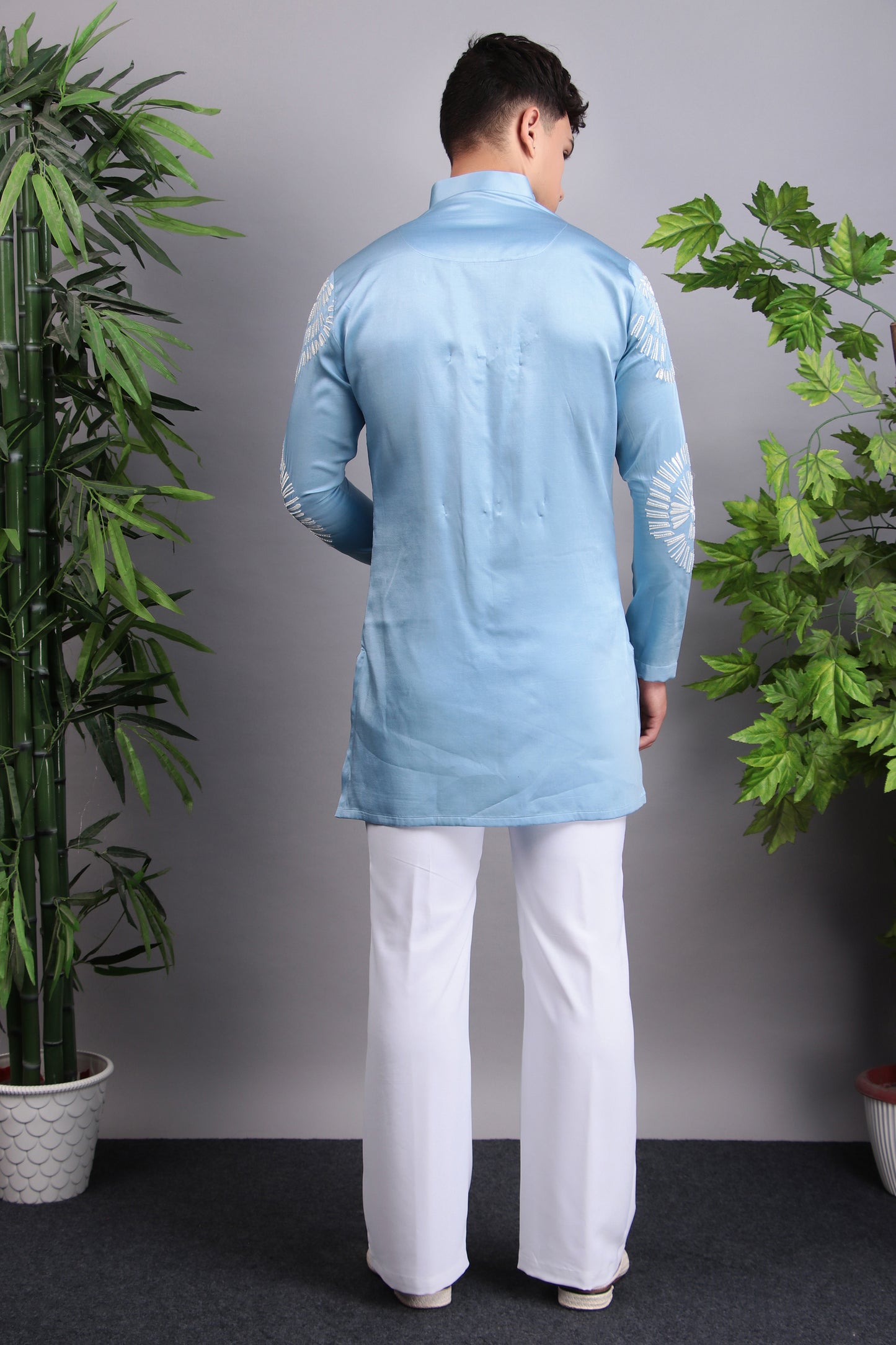 Side view - Men’s Kurta Set – Modal Satin in Blue with Silk Thread Embroidery