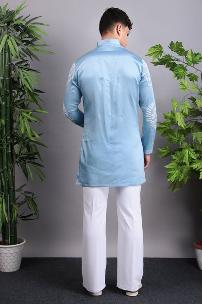 Men’s Kurta Set – Modal Satin in Blue with Silk Thread Embroidery | One Man Show