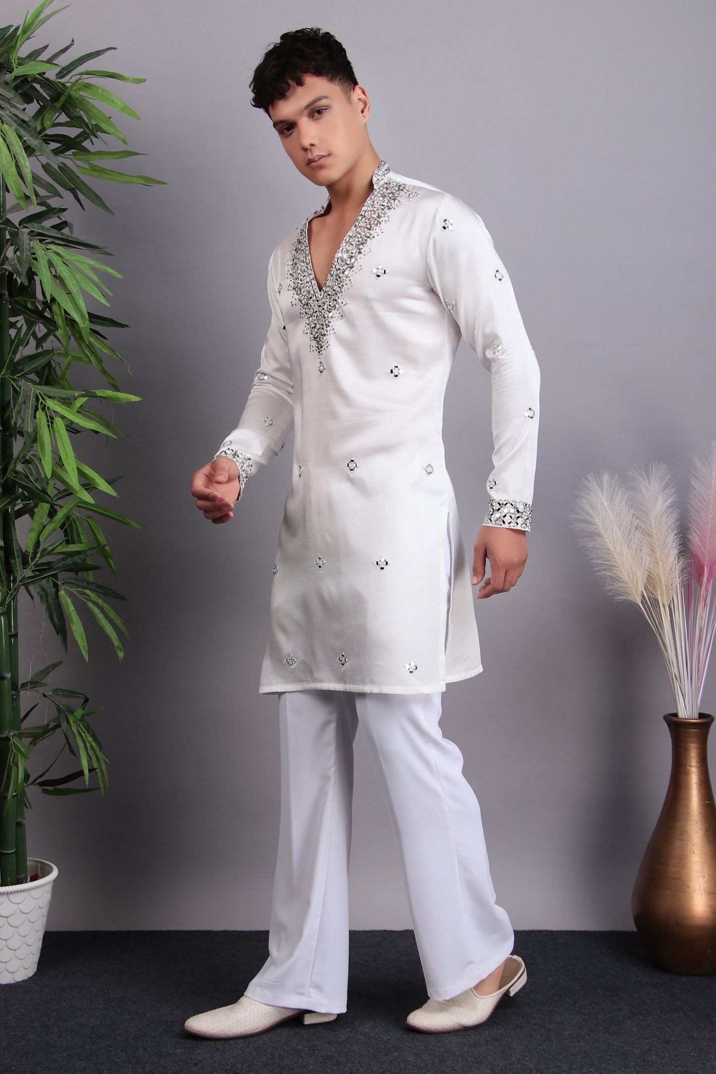 Detail view 1 - Men’s Kurta Set – Modal Satin in White with Brads, Stone and Mirror Embroidery