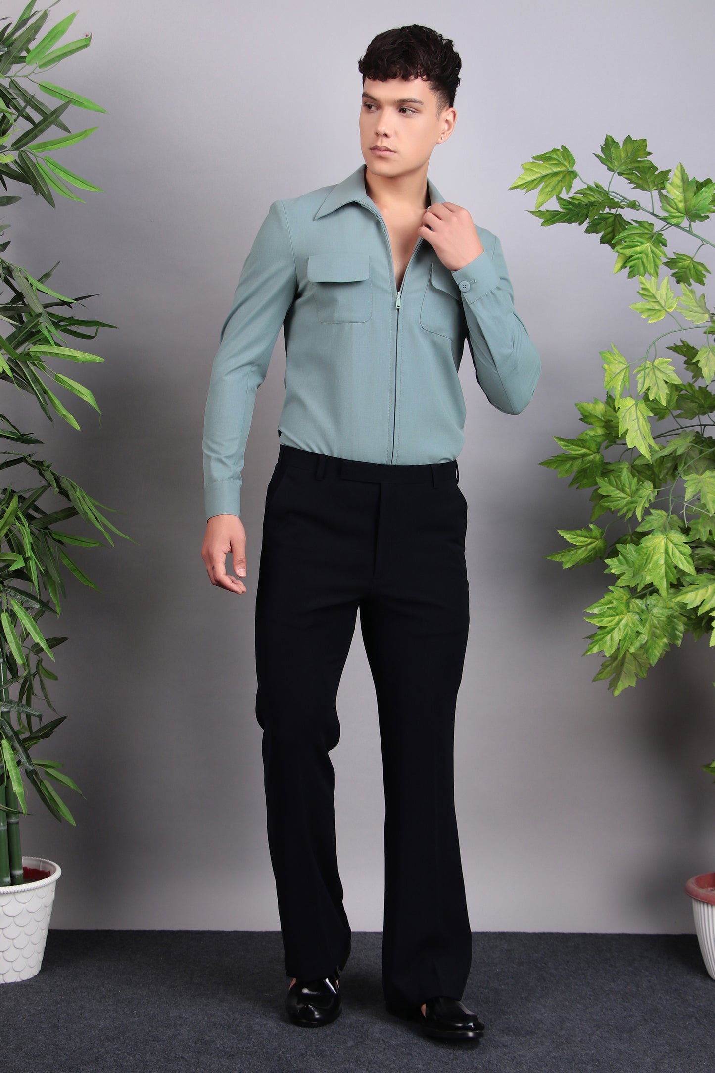 Men’s Suit – Suiting Lycra in Green with Hunter Shirt and Hand Stitchwork | One Man Show