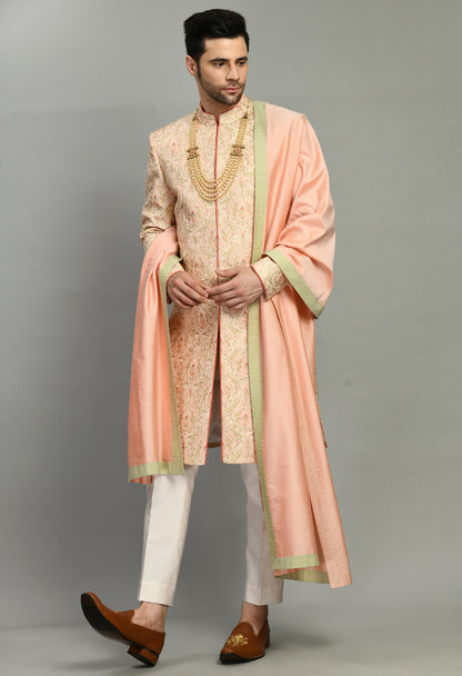 Men’s Sherwani – Silk in Peach with Detailed Hand Embroidery | One Man Show