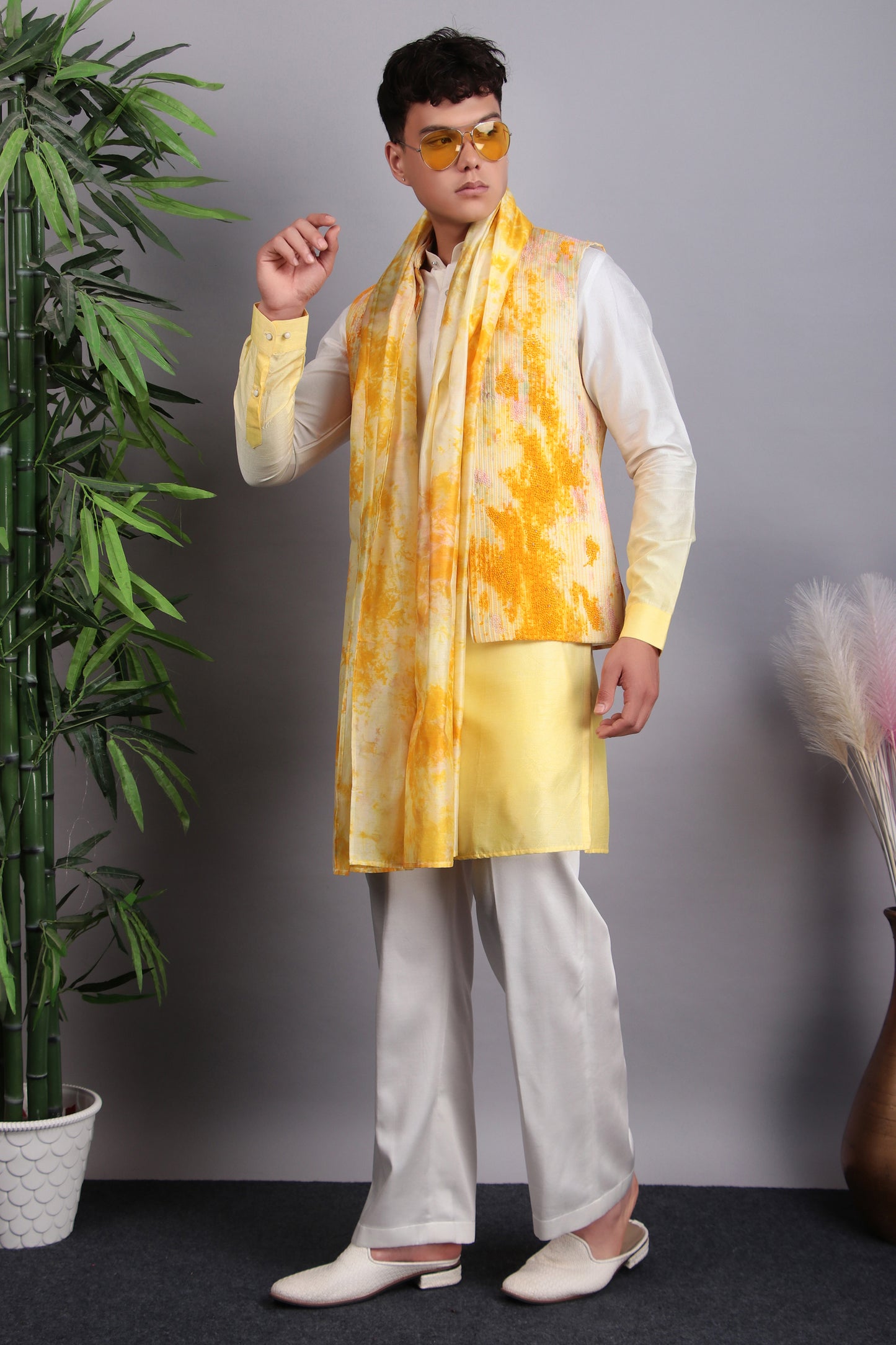 Front view - Men’s Nehru Jacket – Viscose Silk in Yellow with Tie and Dye & Hand Embroidery