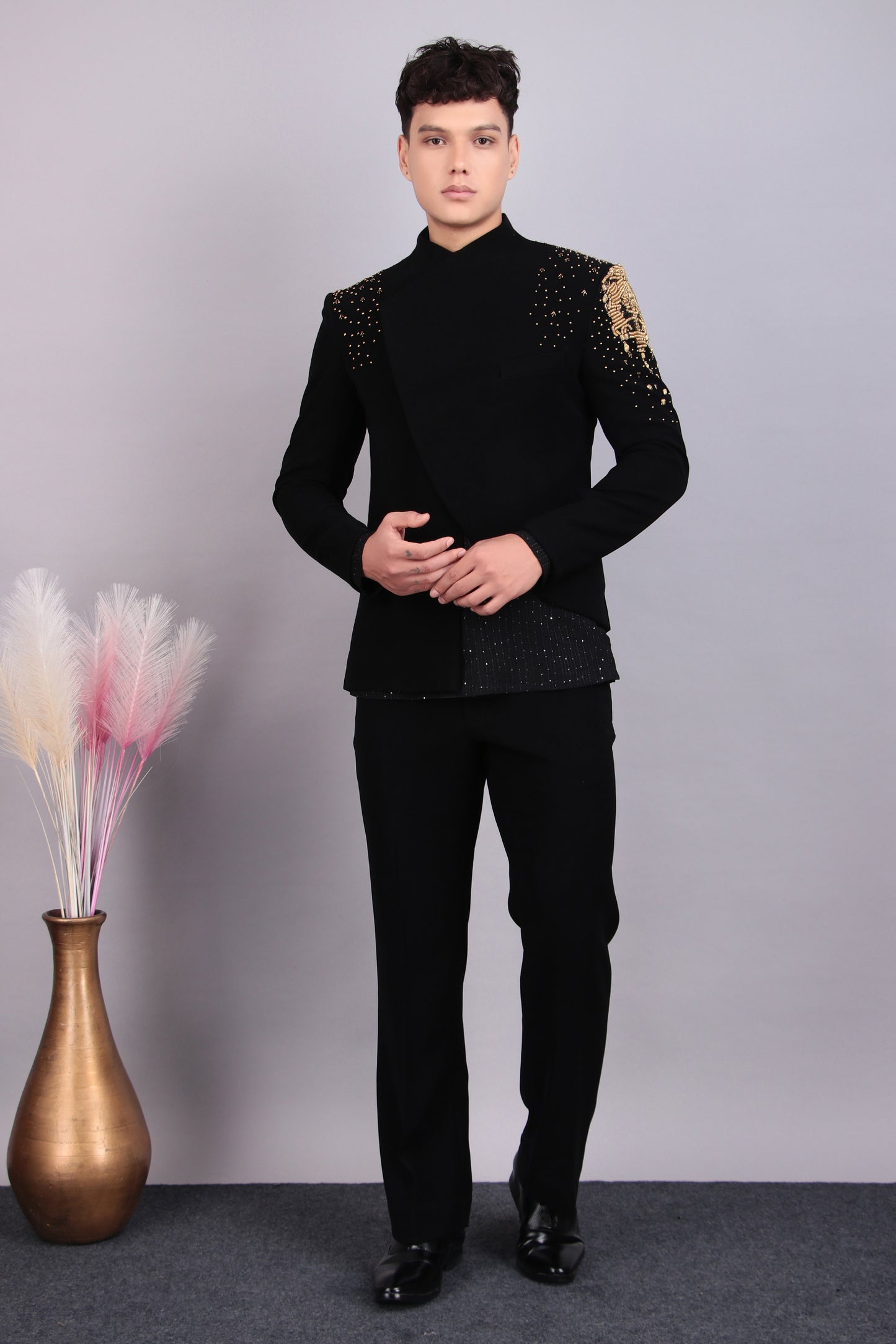 Side view - Men’s Bandhgala – Japanese Lycra in Black with Hand Embroidery in Gold