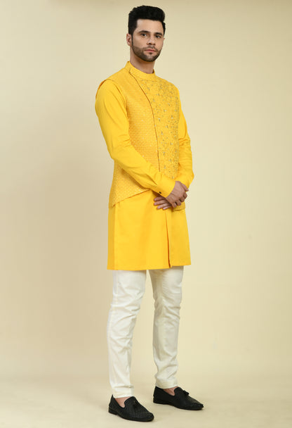 Men’s Kurta Set – Jaquard Poly Blend in Black with Abstract Cut and Lapel Style Front | One Man Show