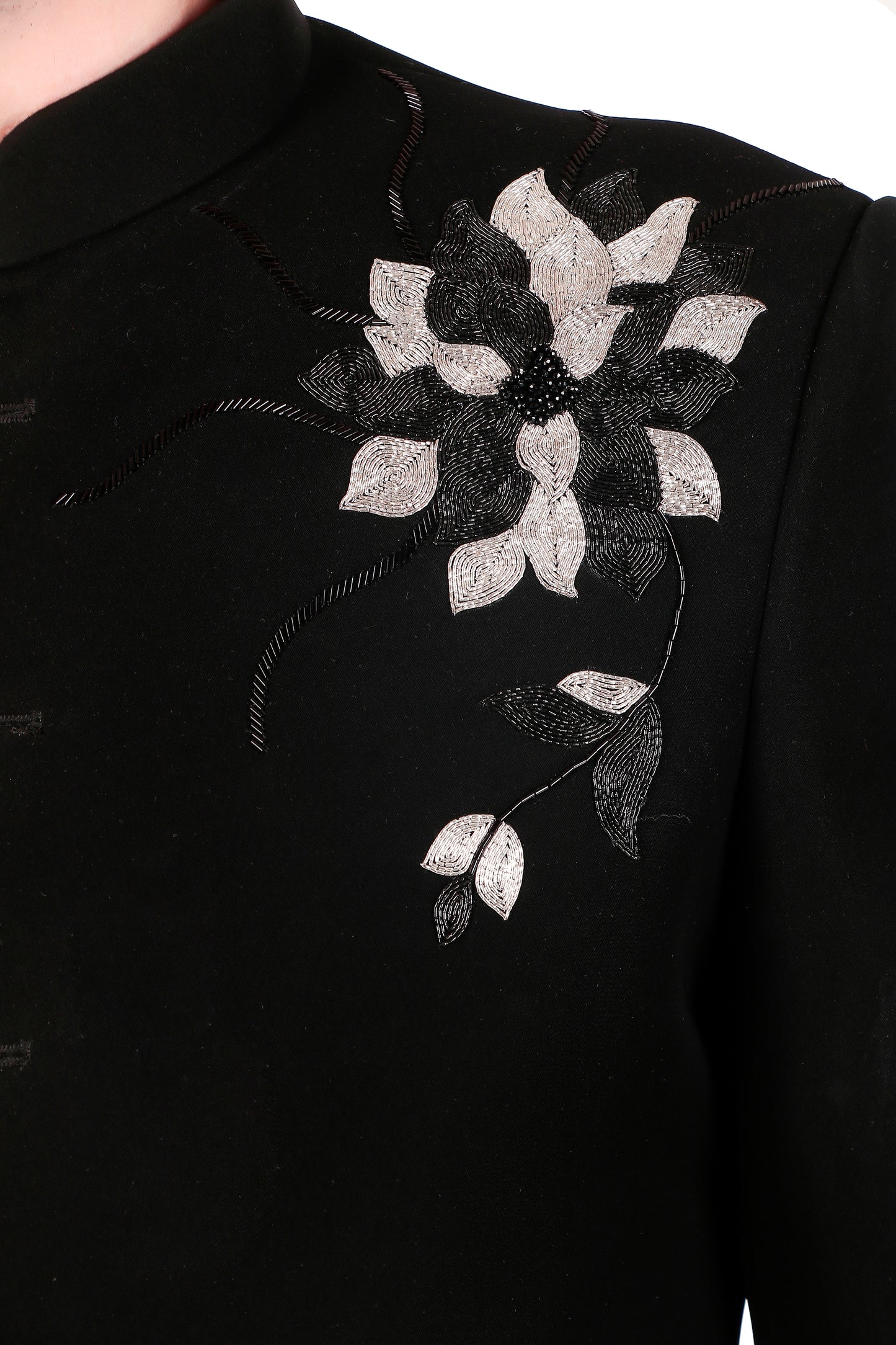 Detail view 4 - Men’s Bandhgala – Japanese Lycra in Black with Shoulder Placement Embroidery
