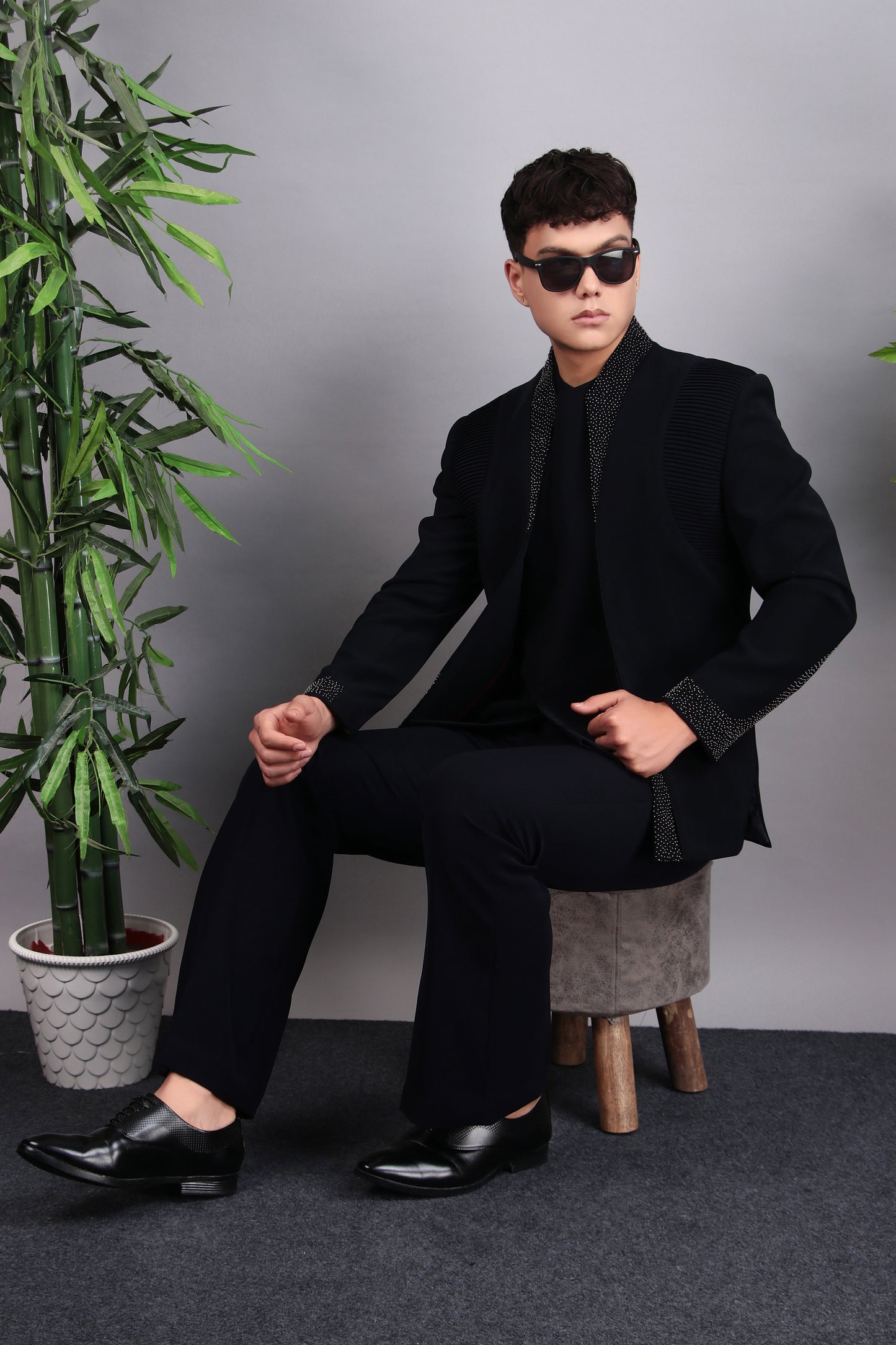 Detail view 4 - Men’s Bandhgala – Japanese Lycra in Midnight Blue with Pintex & Beads Embroidery