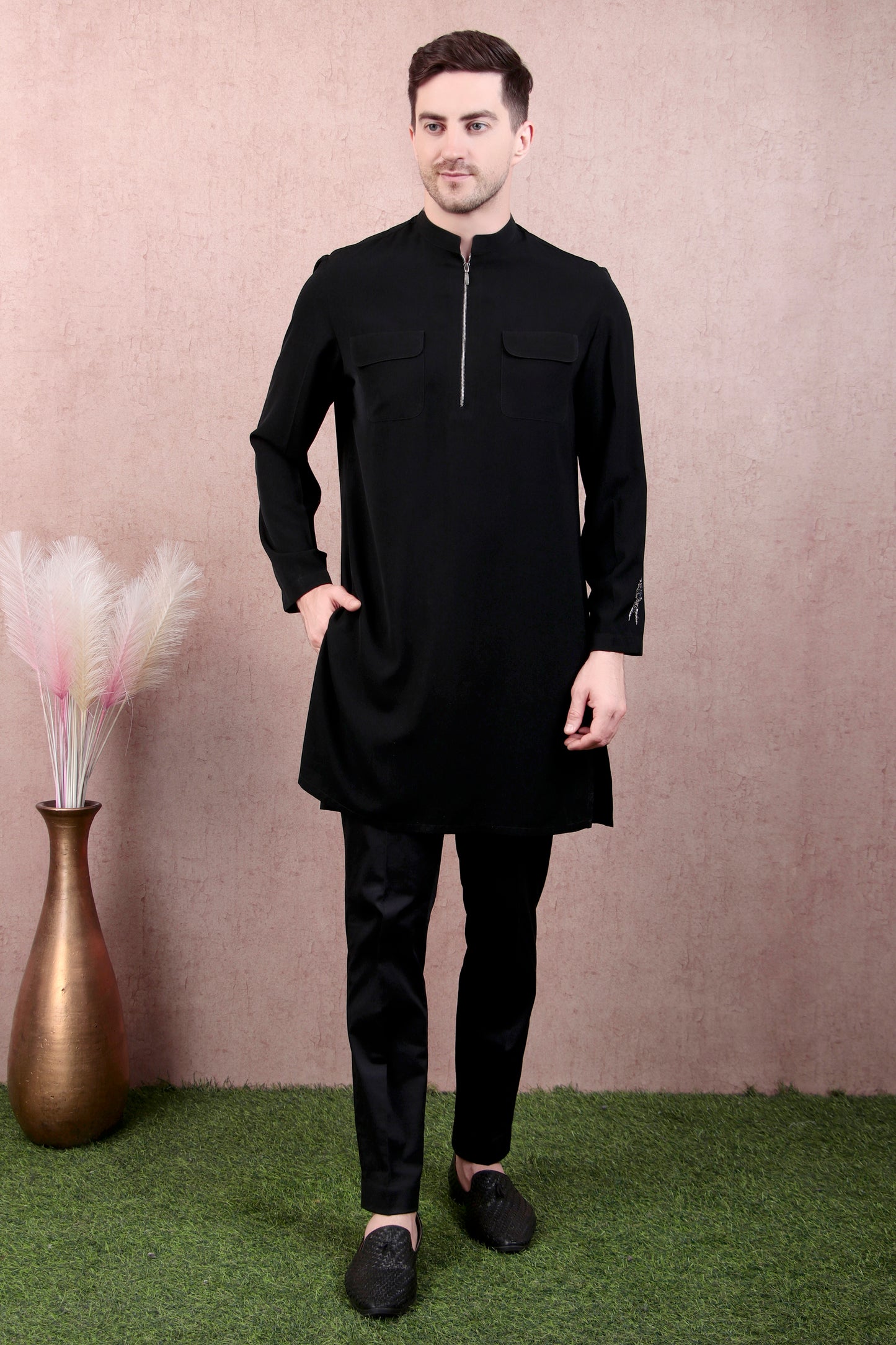 Front view - Men’s Kurta Set – Korean Wrinkle-Free in Black with Bug-Motif Embroidery & Half-Zip