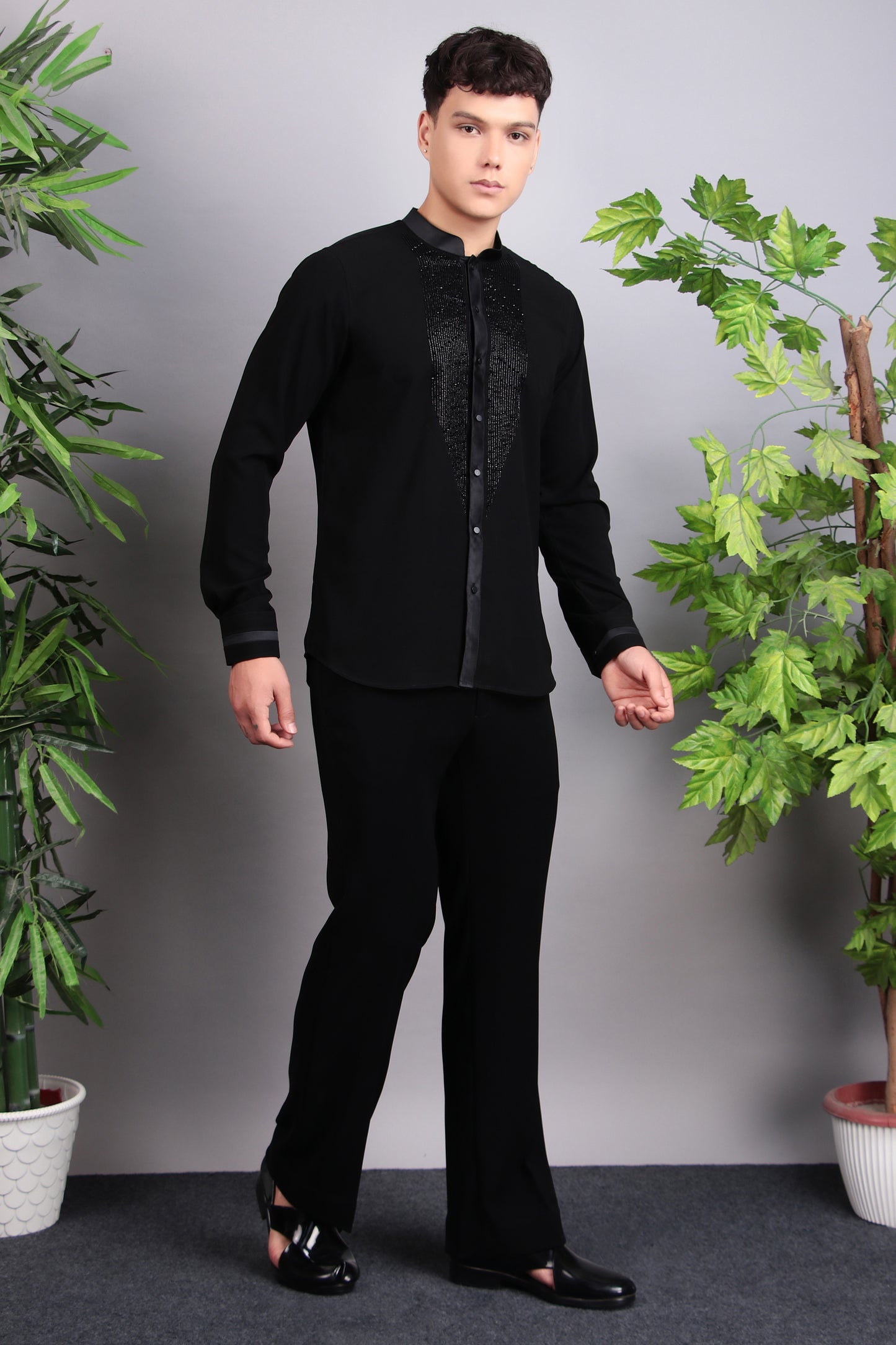 Side view - Men’s Shirt – Korean Wrinkle Free in Black with Front Beads Embroidery
