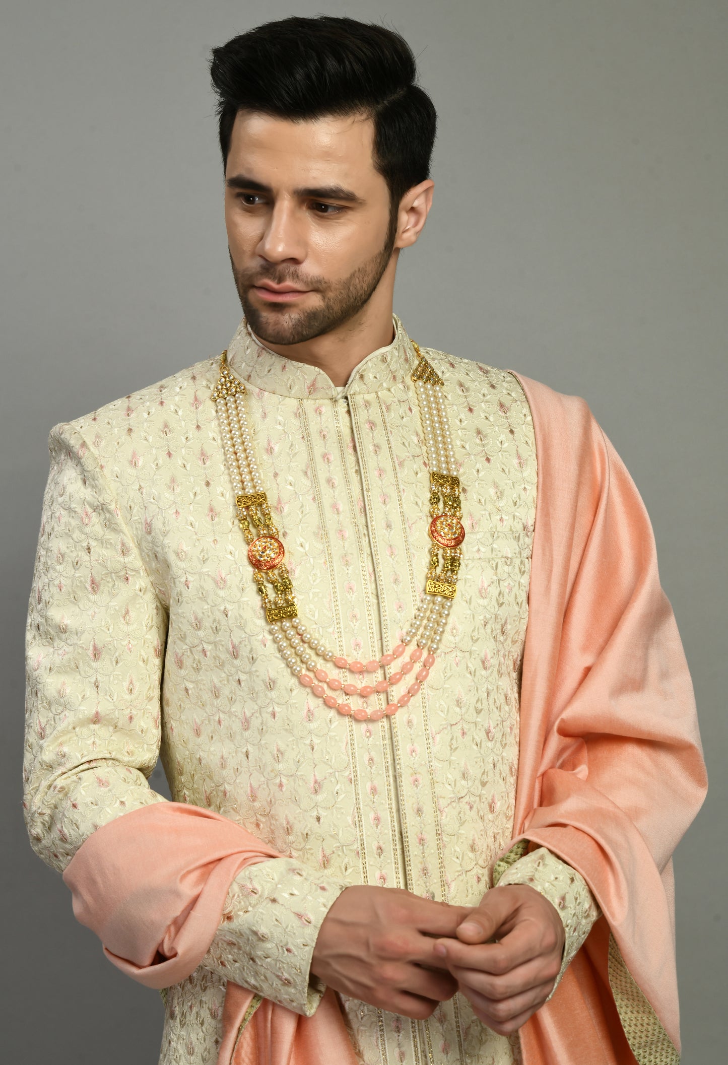 Men’s Sherwani – Silk in Cream with Detailed Hand Embroidery Allover | One Man Show