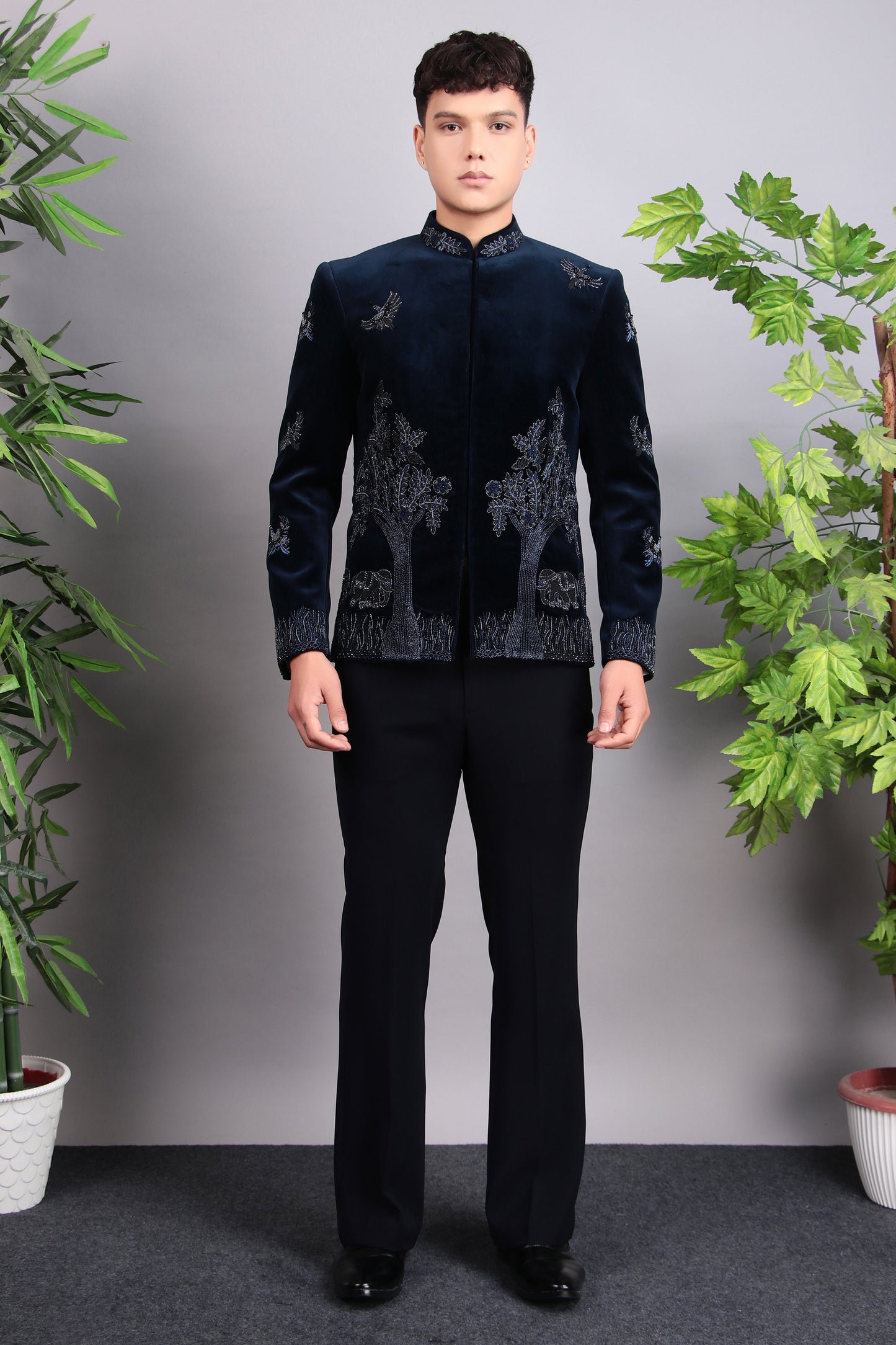 Detail view 1 - Men’s Bandhgala – Cotton Velvet in Blue with Hand Embroidery