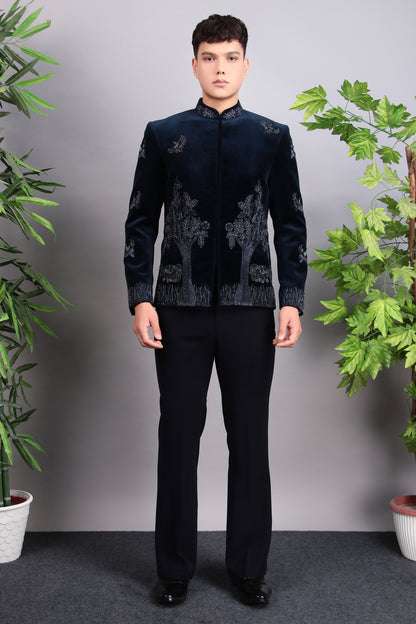 Men’s Bandhgala – Cotton Velvet in Blue with Hand Embroidery | One Man Show