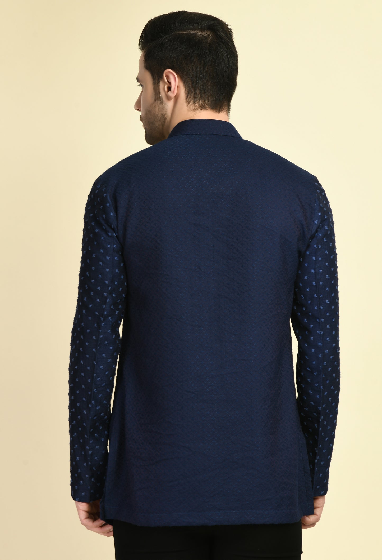 Detail view 1 - Men’s Nehru Jacket – Silk Jaquard in Navy Blue with Thread Embroidery