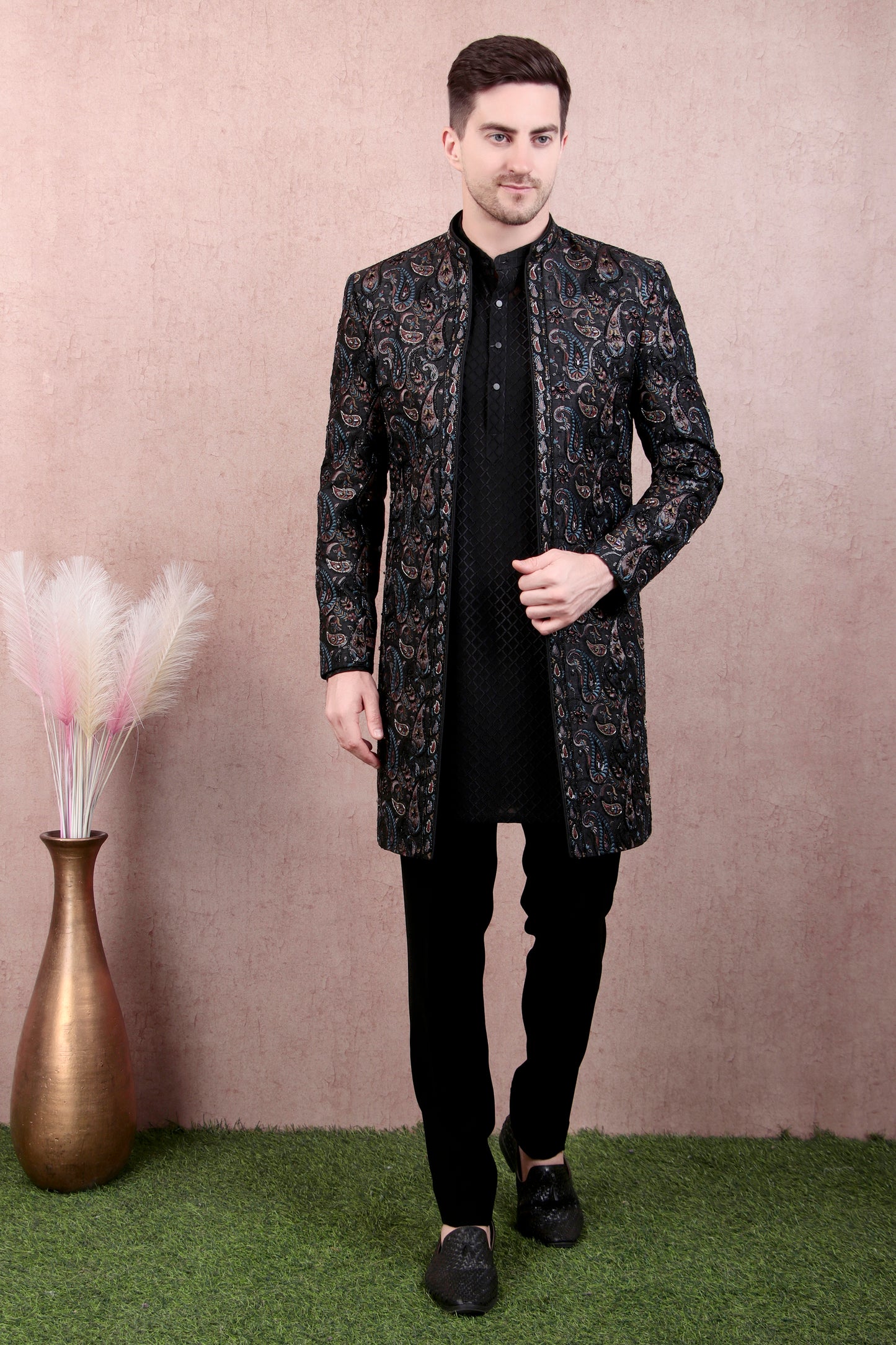 Detail view 1 - Men’s Sherwani – Georgette in Black with Silk Thread Paisley Embroidery