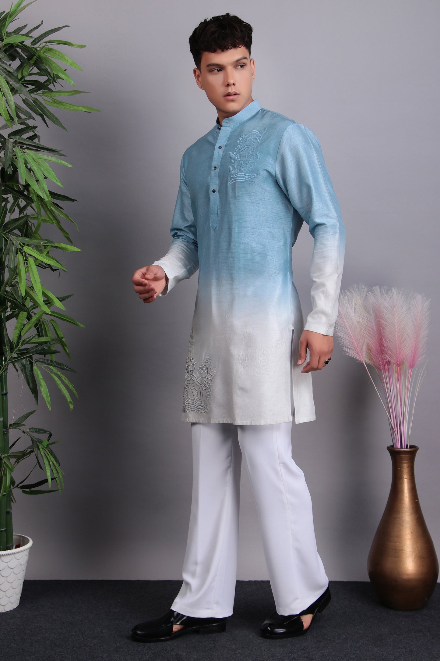 Front view - Men’s Kurta Set – Silk in Blue with Tie and Dye & Silk Thread Embroidery