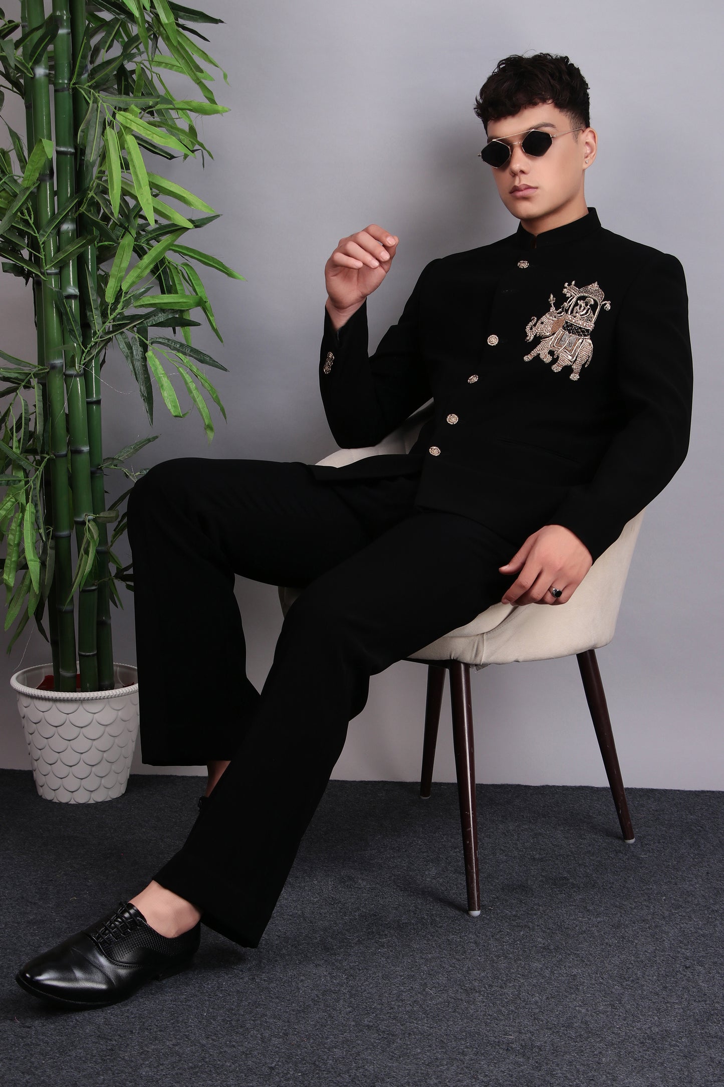 Detail view 7 - Men’s Bandhgala – Japanese Lycra in Black with Patch Motif Embroidery