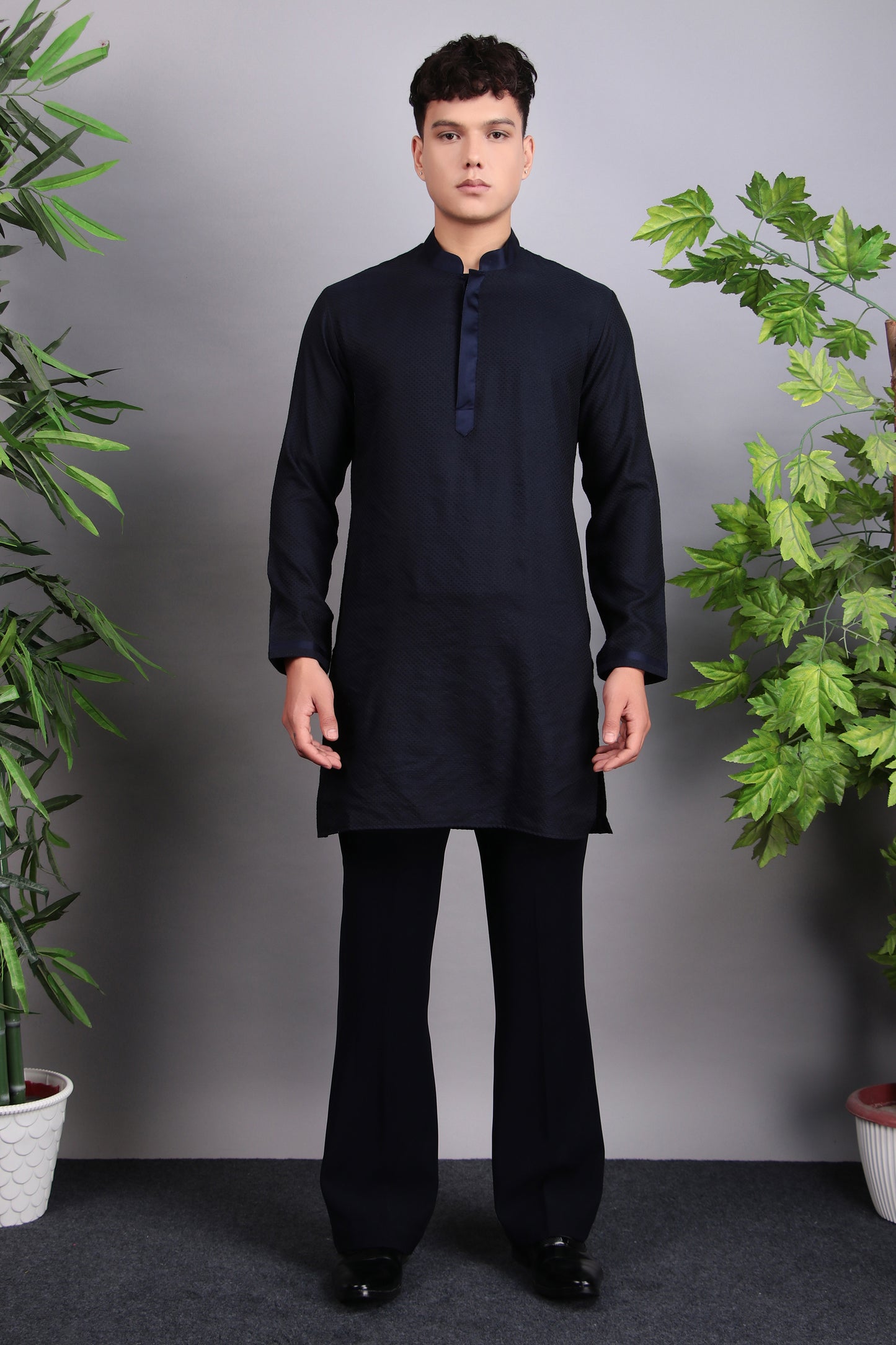 Side view - Men’s Nehru Jacket – Viscose Silk Fabric in Blue with Subtle Pintex and Bead Embroidery
