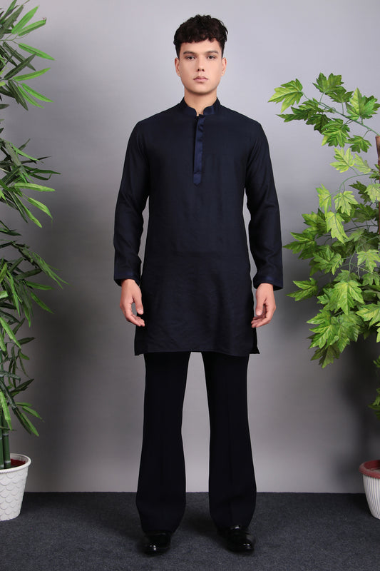 Men’s Nehru Jacket – Viscose Silk Fabric in Blue with Subtle Pintex and Bead Embroidery | One Man Show