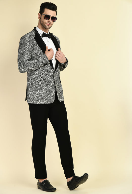 Men’s Tuxedo – Poly Jaquard in Grey with Floral Lapel Design | One Man Show