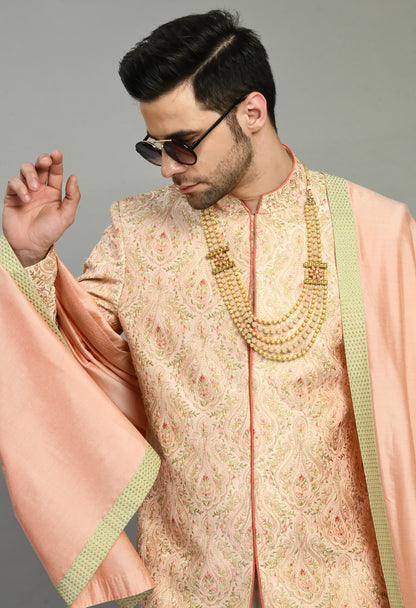 Men’s Sherwani – Silk in Peach with Detailed Hand Embroidery | One Man Show
