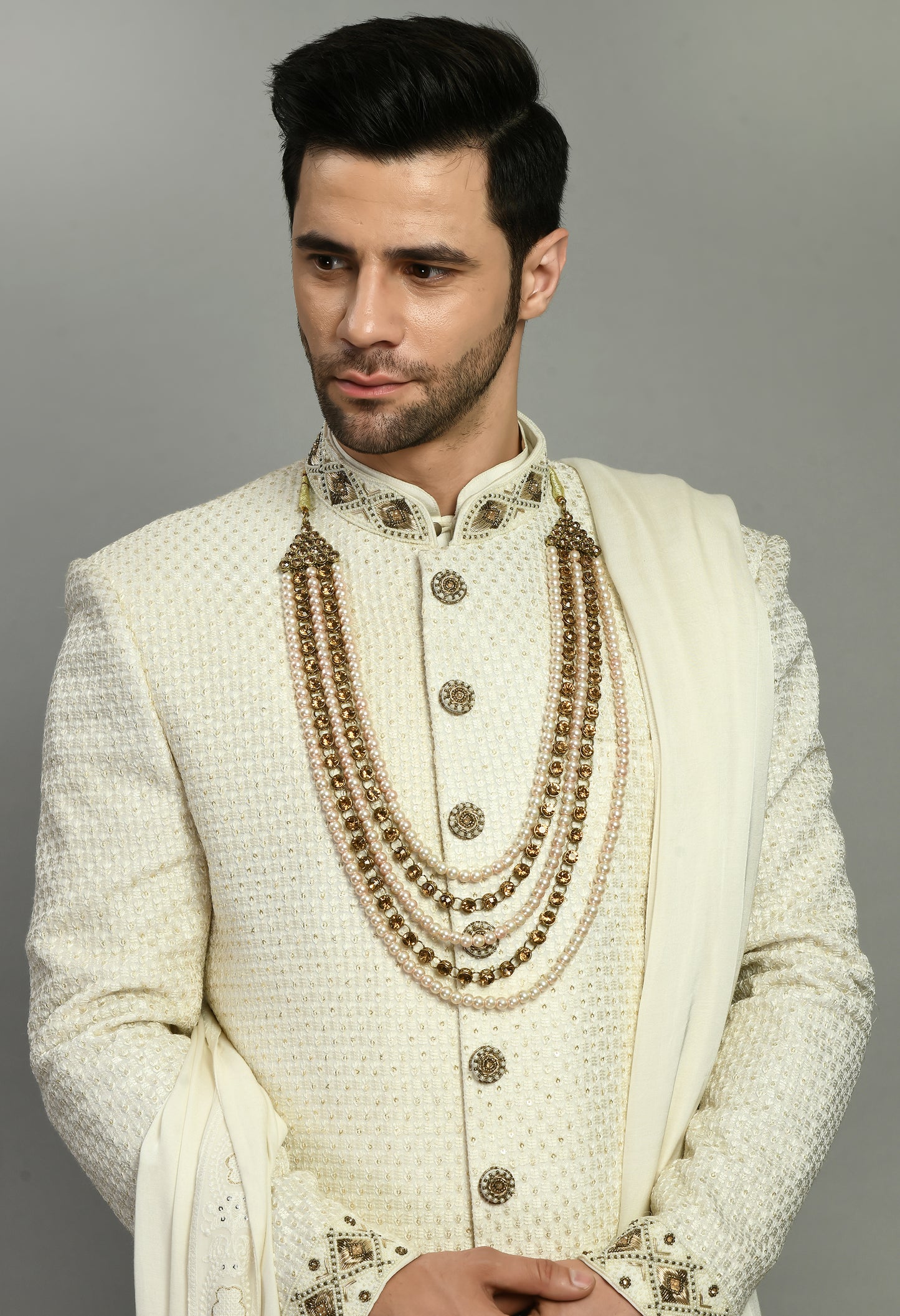 Detail view 2 - Men’s Sherwani – Silk in Ivory with Detailed Hand Embroidery