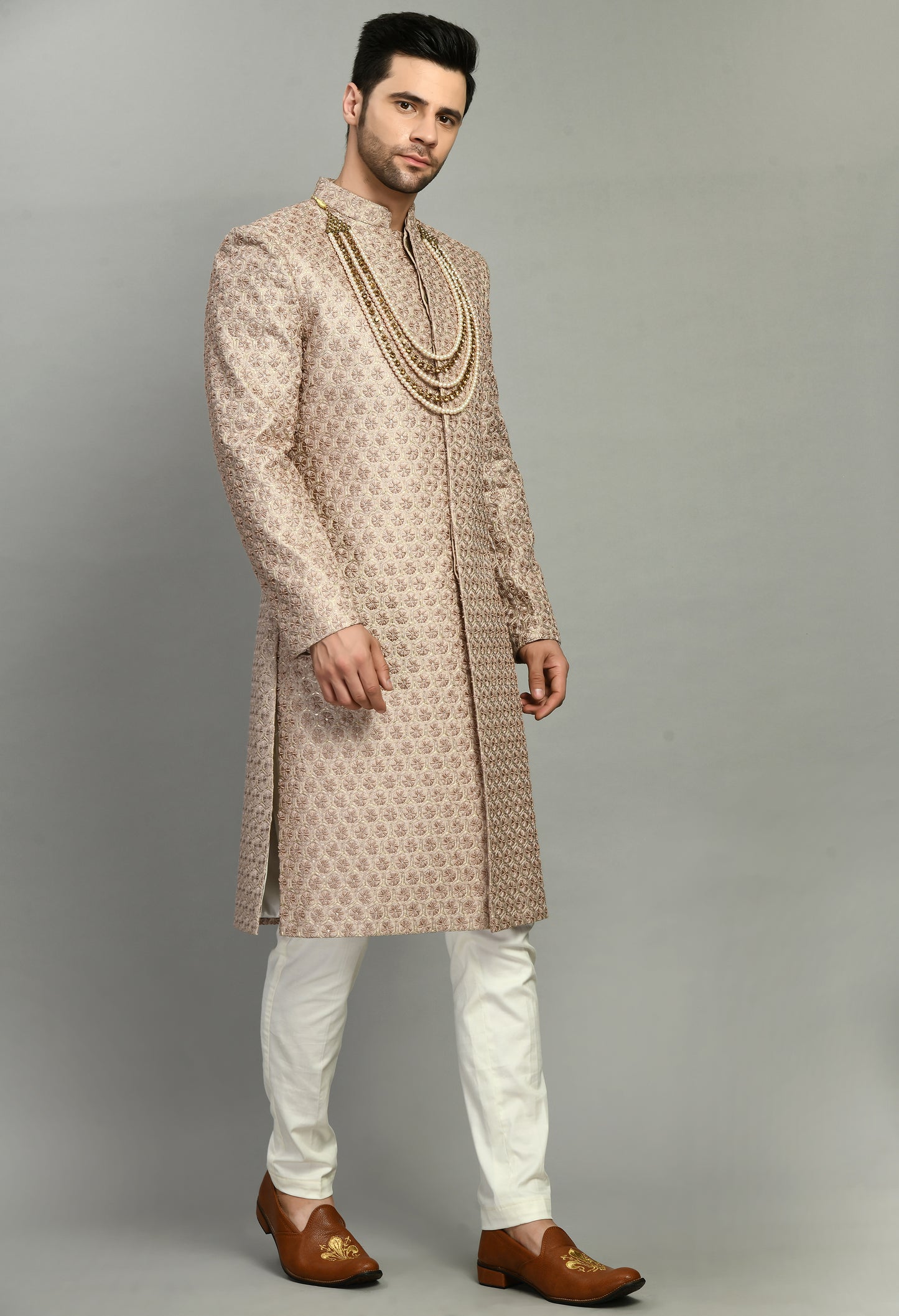 Front view - Men’s Sherwani – Silk in Pink with Detailed Hand Embroidery