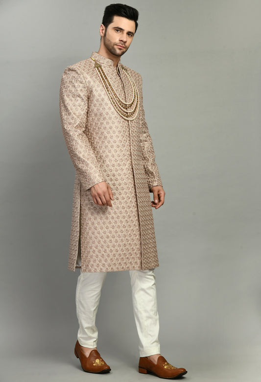 Front view - Men’s Sherwani – Silk in Pink with Detailed Hand Embroidery
