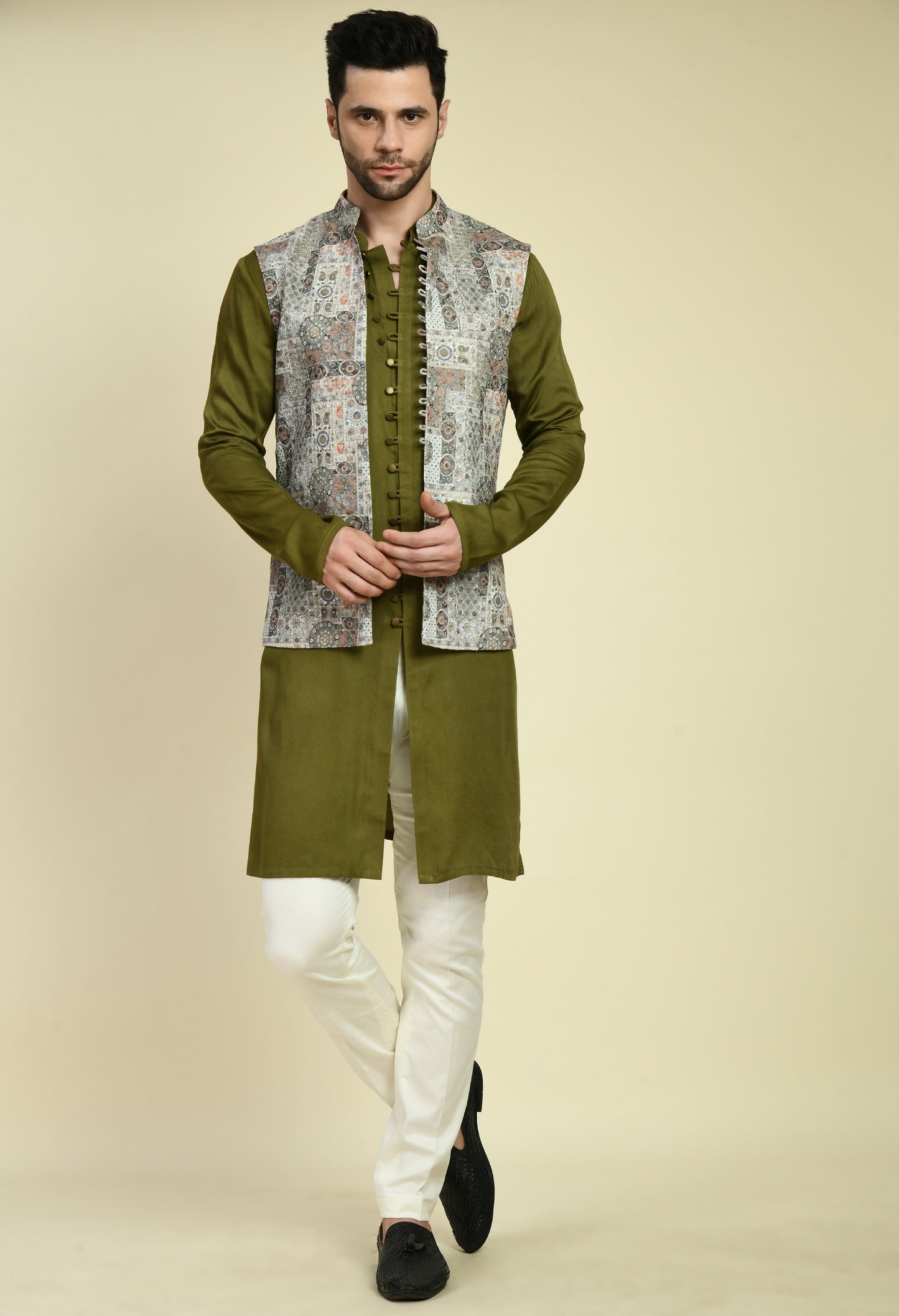 Side view - Men’s Nehru Jacket – Silk in Green with Silk Thread Embroidery