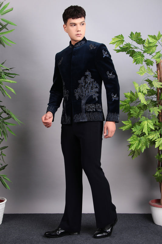 Front view - Men’s Bandhgala – Cotton Velvet in Blue with Hand Embroidery