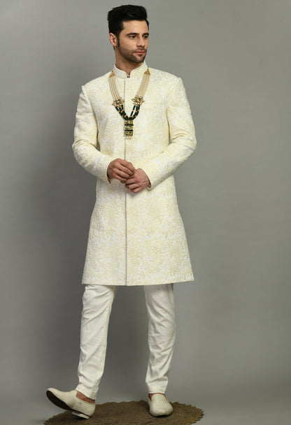 Men’s Sherwani – Silk in Cream with Detailed Hand Embroidery | One Man Show