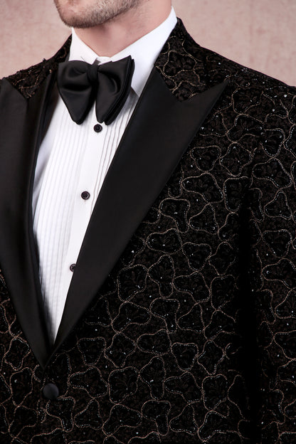 Men’s Tuxedo – Japanese Lycra in Black with Abstract Zari Embroidery | One Man Show