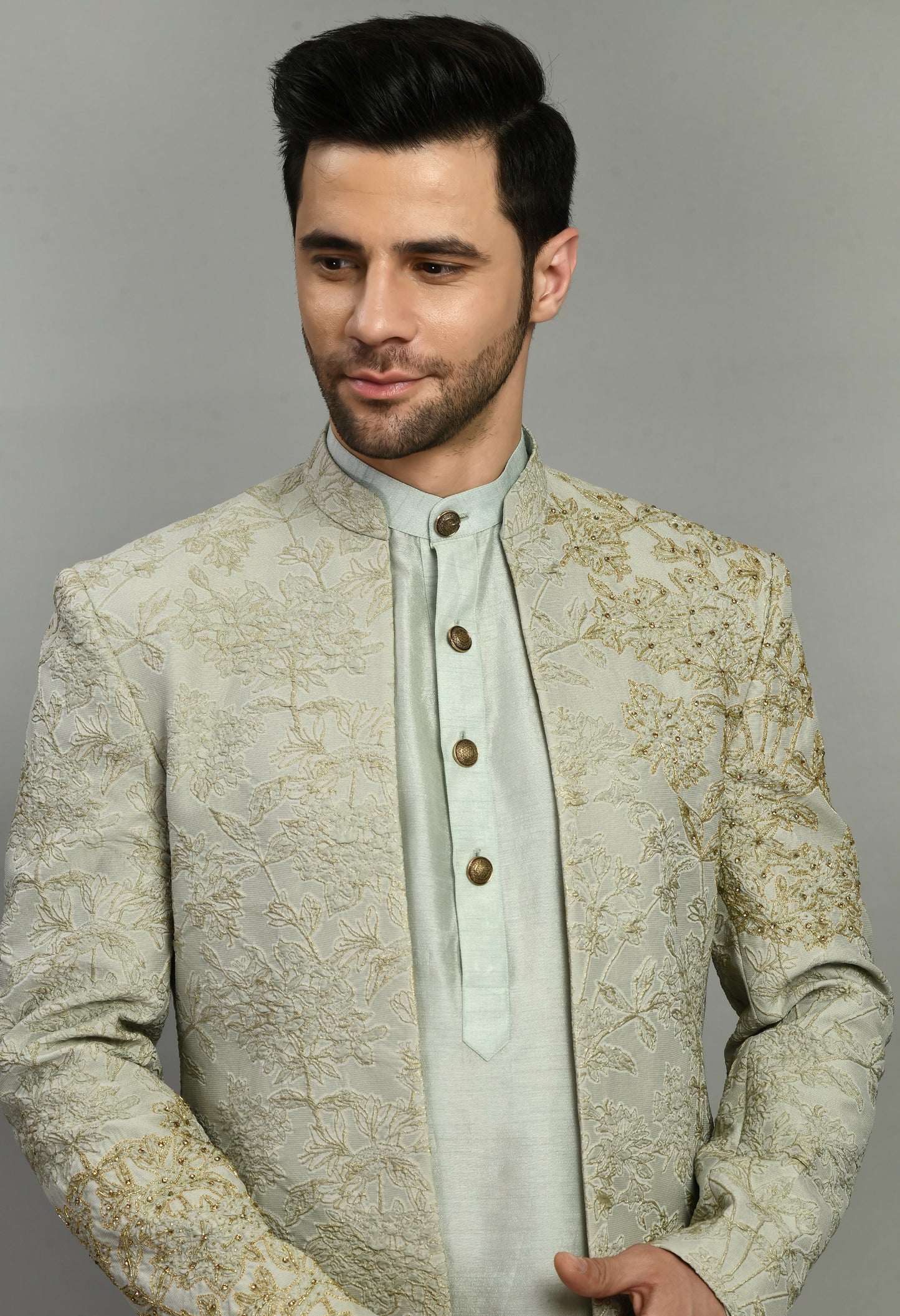 Side view - Men’s Indo-Western – Silk Jaquard in Green with Placement Embroidery