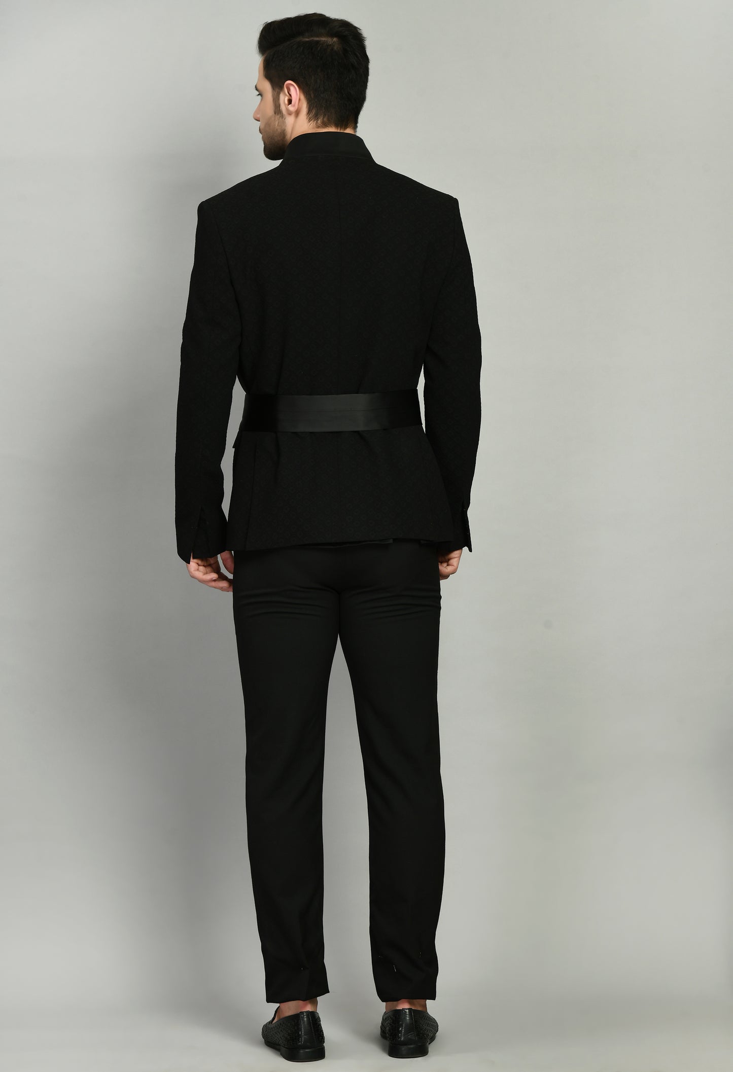 Detail view 2 - Men’s Tuxedo – Poly Jaquard in Black with Designer Front Open and Waist Belt