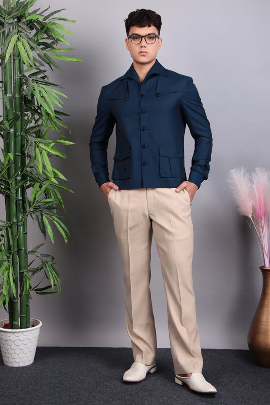 Front view - Men’s Suit – Suiting Lycra in Blue with Hunter Shirt and Hand Stitchwork Details