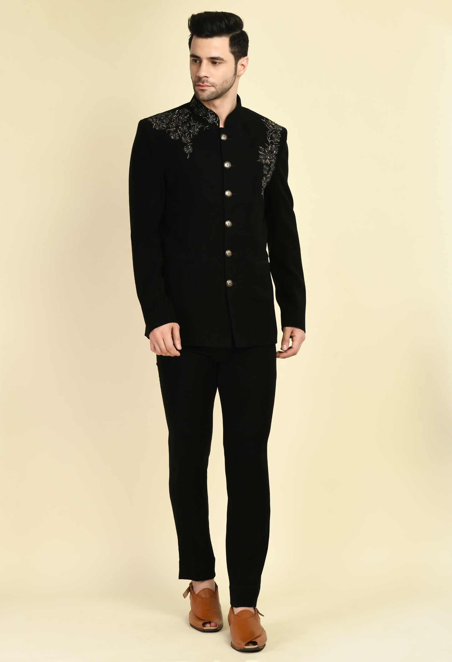 Front view - Men’s Bandhgala – Japanese Lycra in Black with Shoulder Placement Embroidery