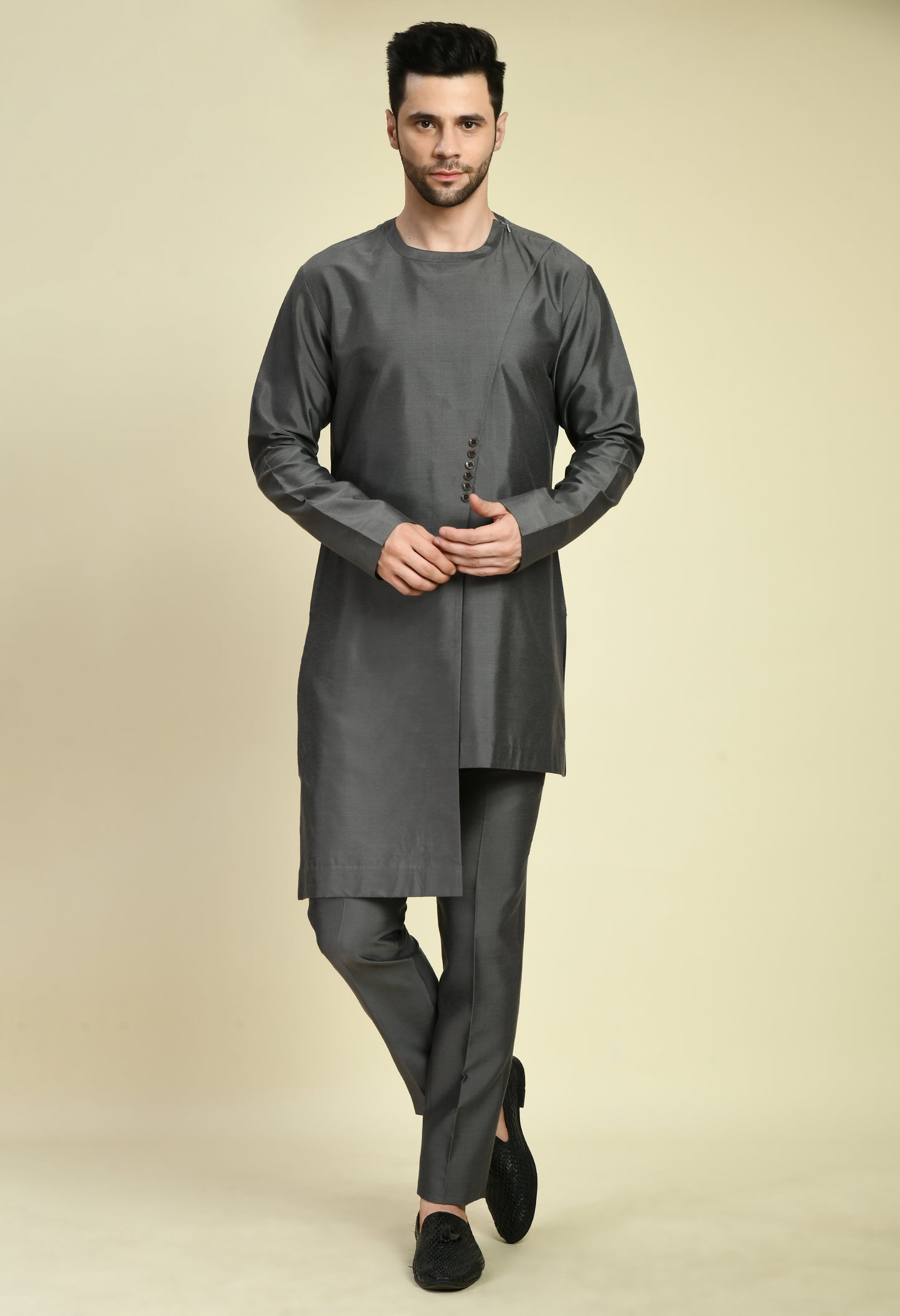 Front view - Men’s Kurta Set – Cotton Silk in Grey with Assymetric Hem and Front Overlap Design