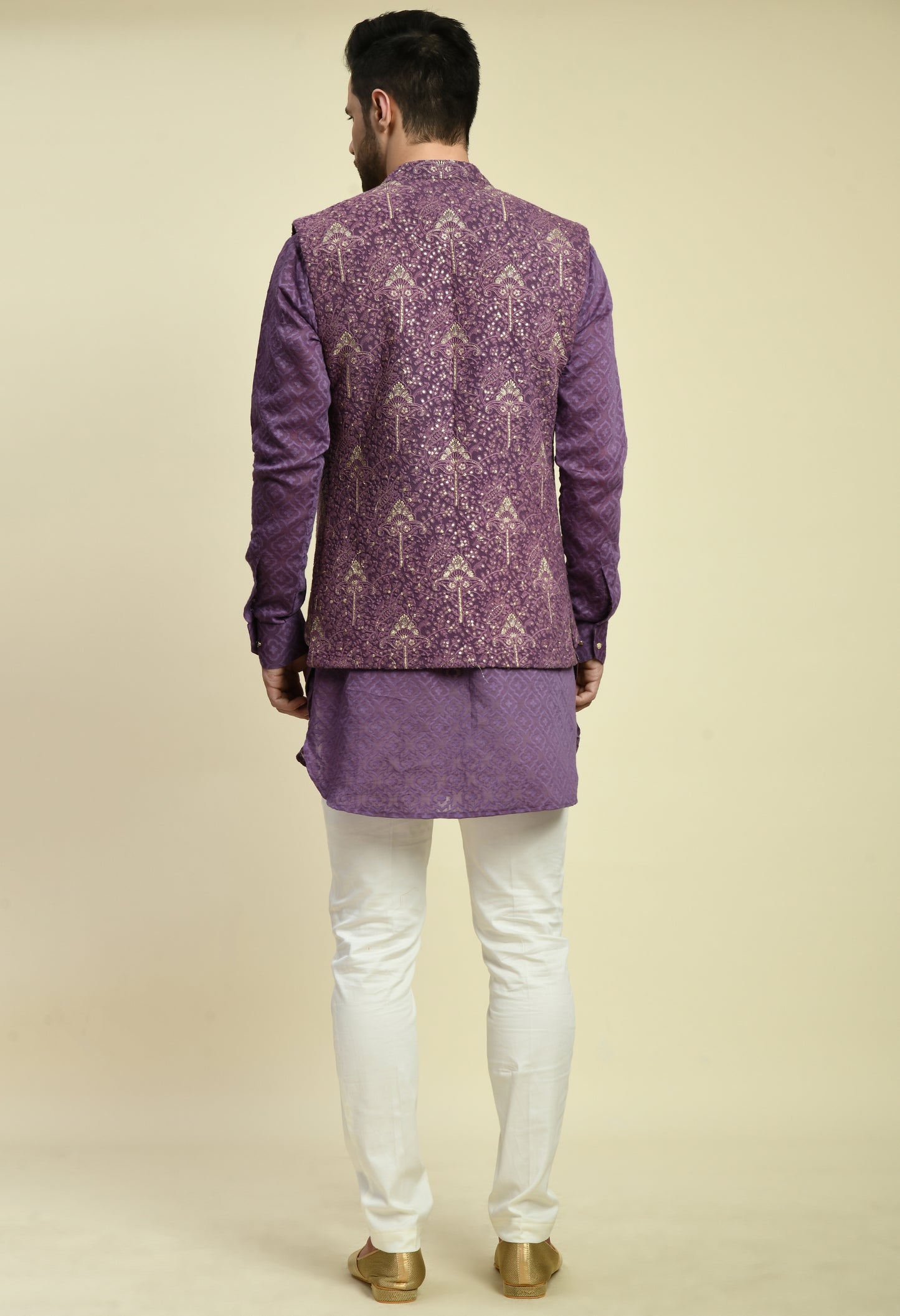 Detail view 2 - Men’s Nehru Jacket – Silk Georgette in Purple with Silk Thread and Zari Embroidery