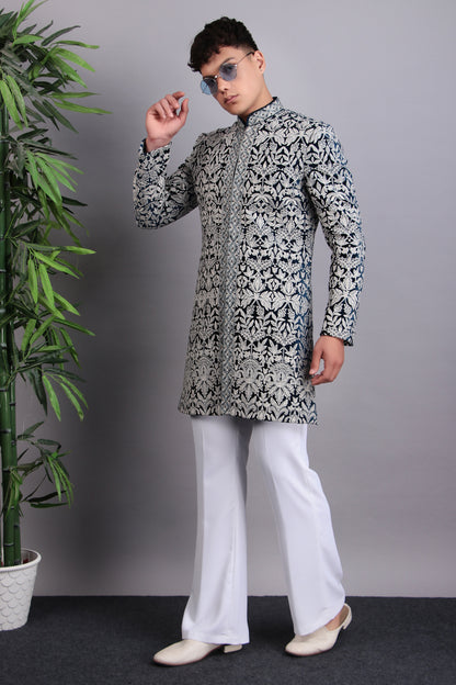 Men’s Indo-Western – Velvet Embroidered Fabric in Blue with Directional Embroidery | One Man Show