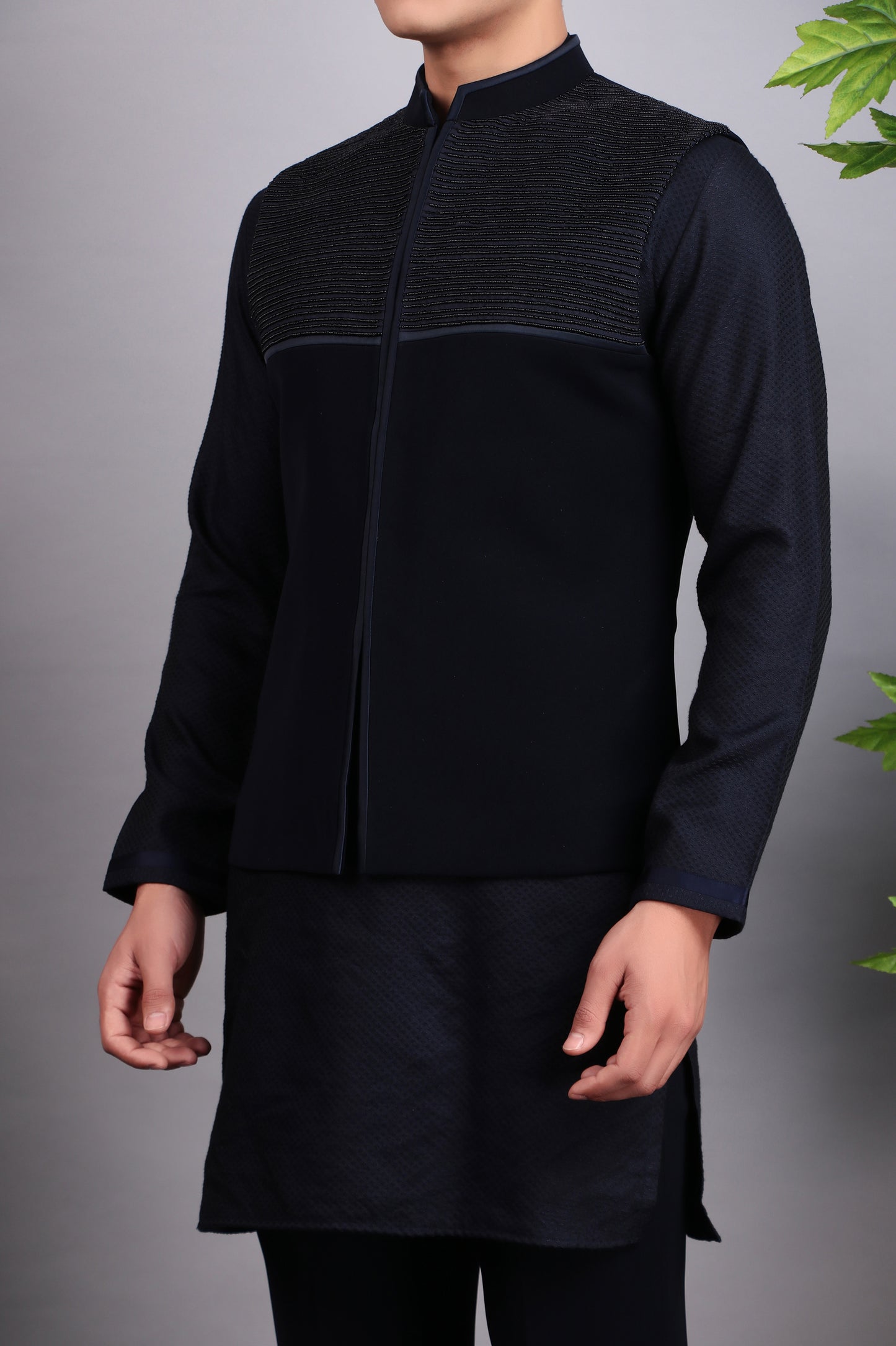 Detail view 4 - Men’s Nehru Jacket – Viscose Silk Fabric in Blue with Subtle Pintex and Bead Embroidery