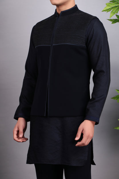 Men’s Nehru Jacket – Viscose Silk Fabric in Blue with Subtle Pintex and Bead Embroidery | One Man Show