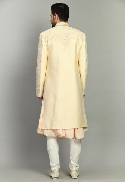 Men’s Sherwani – Silk in Cream with Detailed Hand Embroidery | One Man Show