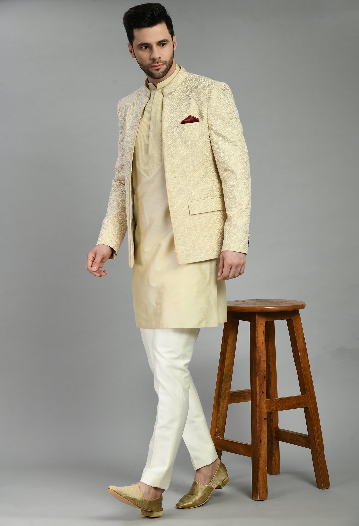 Detail view 1 - Men’s Indo-Western – Silk Kurta in Cream with Silk Thread Embroidery