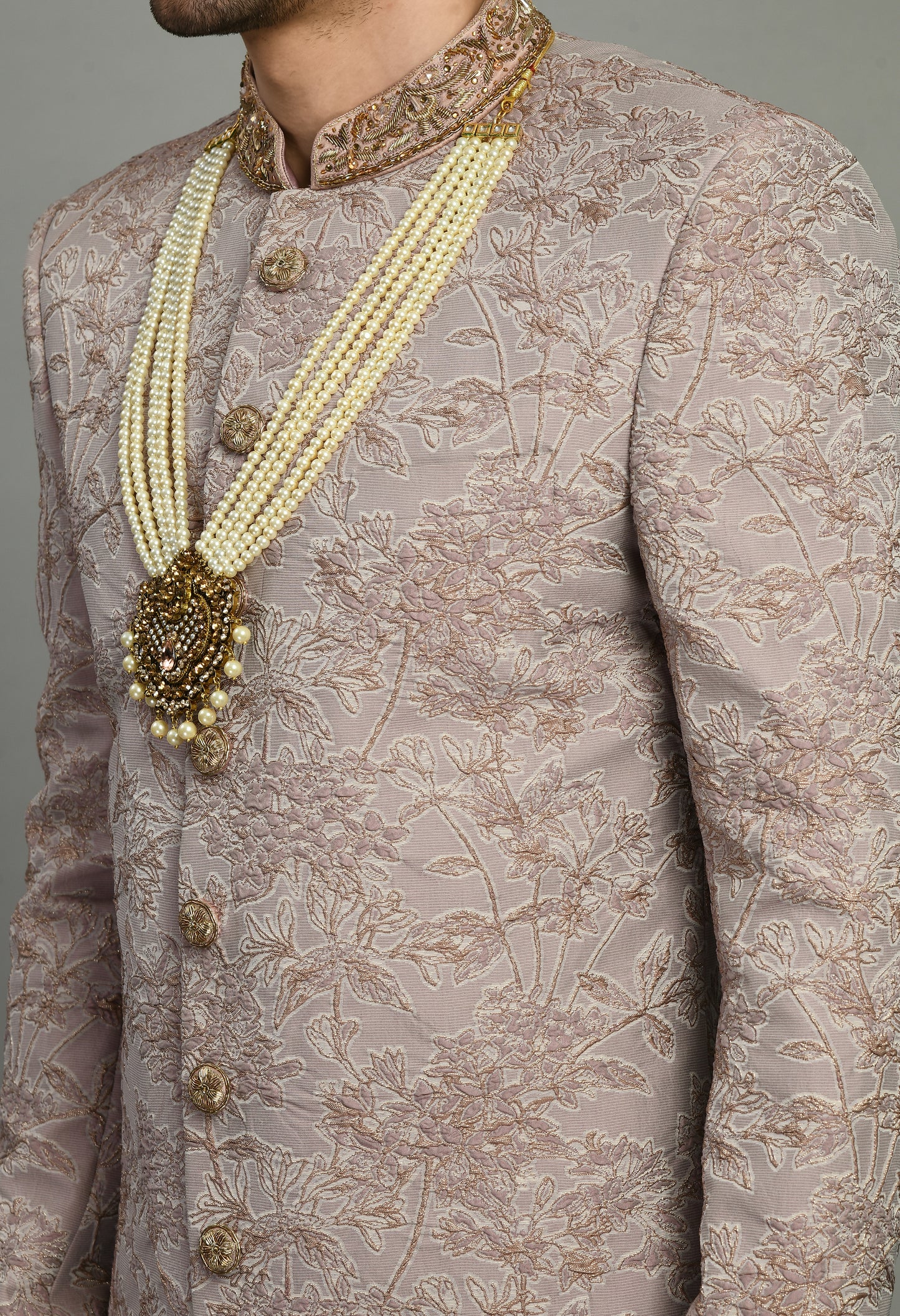 Detail view 3 - Men’s Sherwani – Silk in Pink with Detailed Hand Embroidery Allover