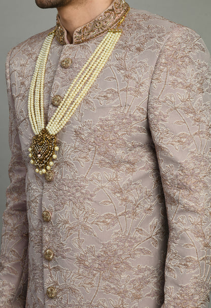 Men’s Sherwani – Silk in Pink with Detailed Hand Embroidery Allover | One Man Show