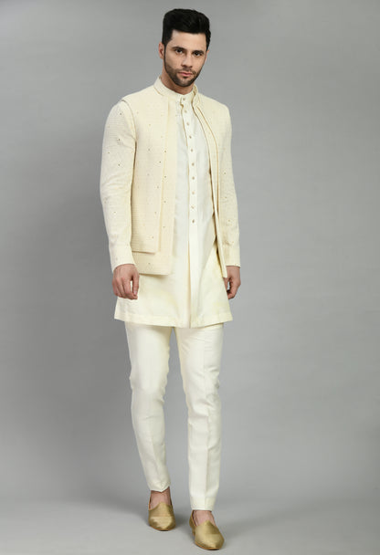 Men’s Nehru Jacket – Silk Georgette in Cream with Thread and Sequins Embroidery | One Man Show