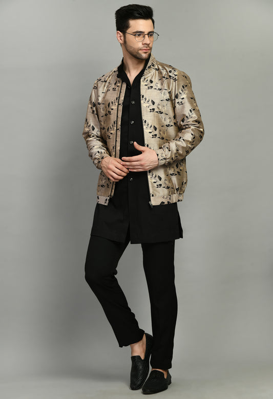 Front view - Men’s Indo-Western Set – Silk Print in Cream and Black with Floral Print Bomber Jacket