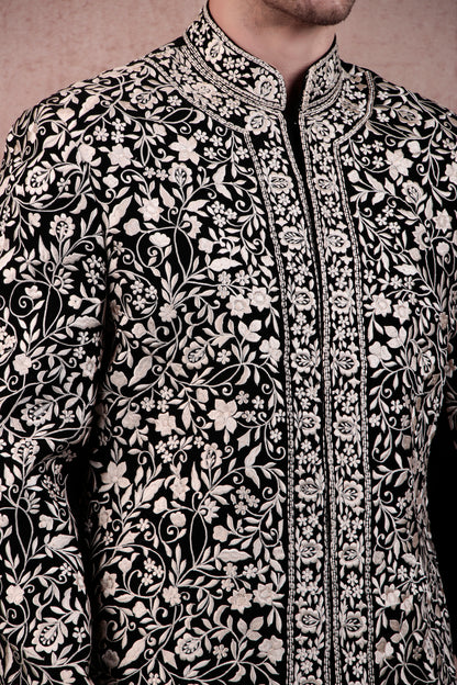 Men’s Sherwani – Japanese Lycra in Black with Silk Thread Floral Embroidery | One Man Show